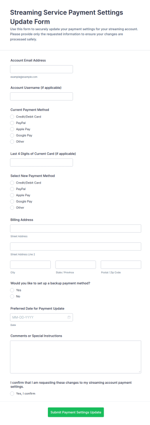 Streaming Service Payment Settings Update Form Template