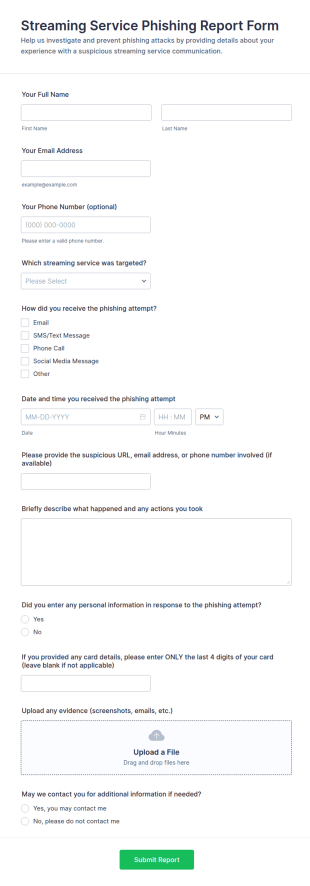 Streaming Service Phishing Report Form Template