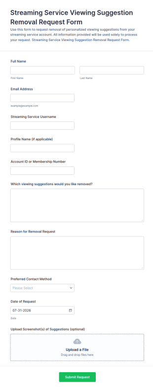 Streaming Service Viewing Suggestion Removal Form Template