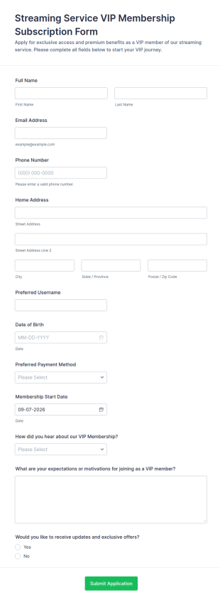 Streaming Service VIP Membership Subscription Form Template