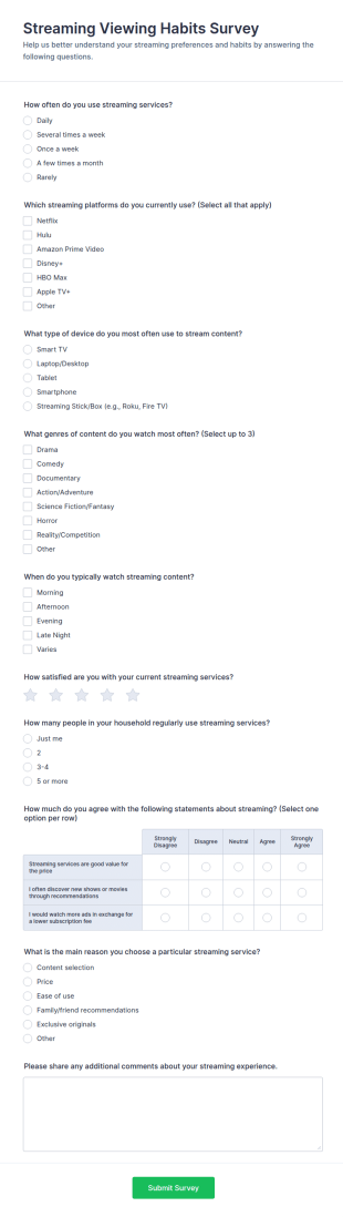 Streaming Viewing Habits Survey Form Template