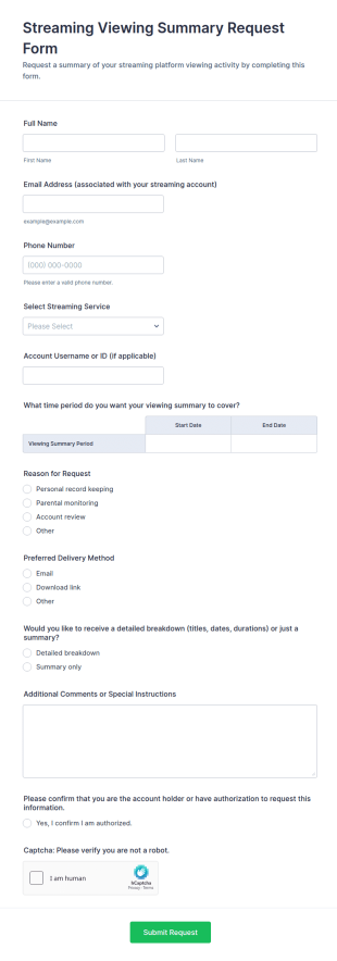 Streaming Viewing Summary Request Form Template