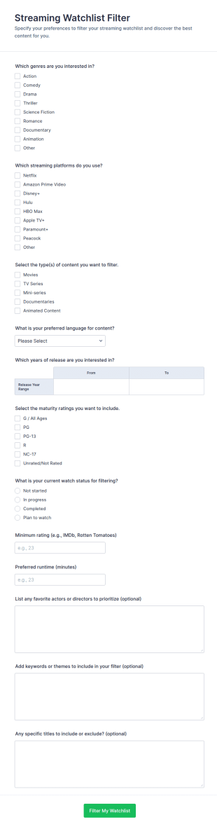 Streaming Watchlist Filter Form Template