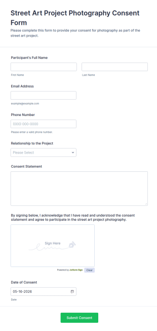 Street Art Project Photography Consent Form Template
