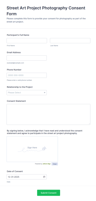 Street Art Project Photography Consent Form Template