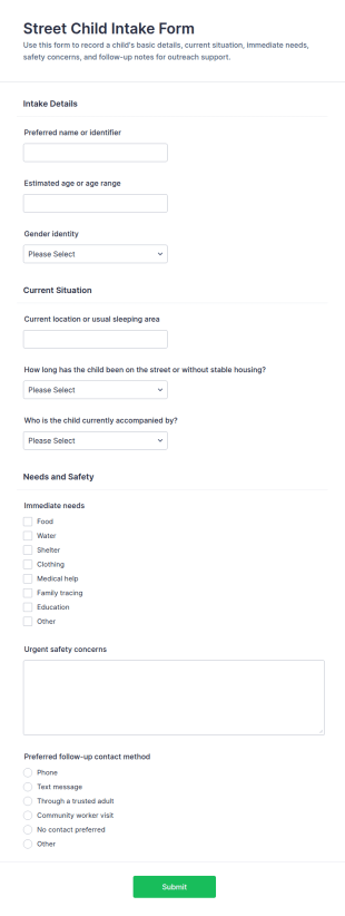 Street Child Intake Form Template