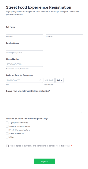 Street Food Experience Registration Form Template