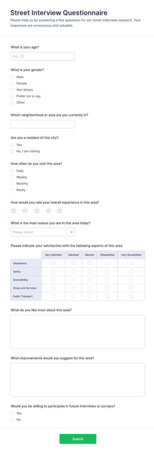Street Interview Questionnaire Form Template