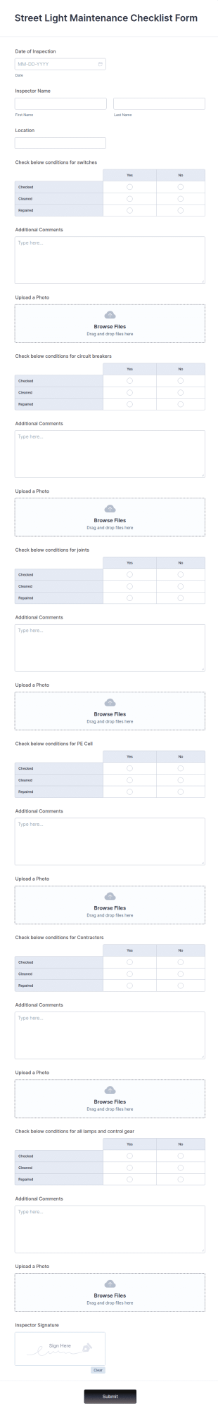 Street Light Maintenance Checklist Form Template