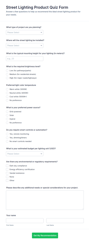 Street Lighting Product Quiz Form Template