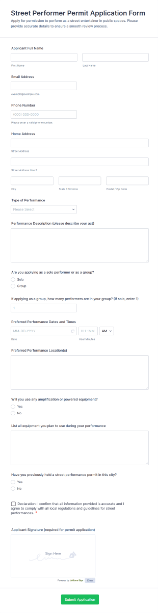 Street Performer Permit Application Form Template