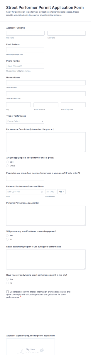 Street Performer Permit Application Form Template