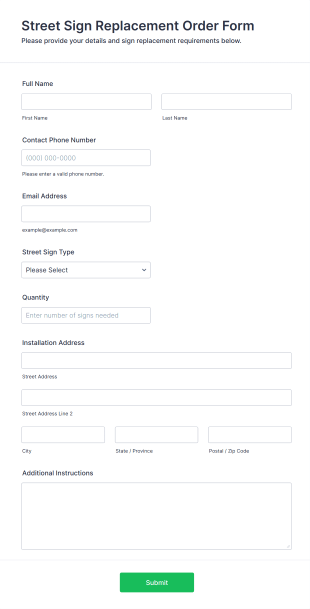 Street Sign Replacement Order Form Template