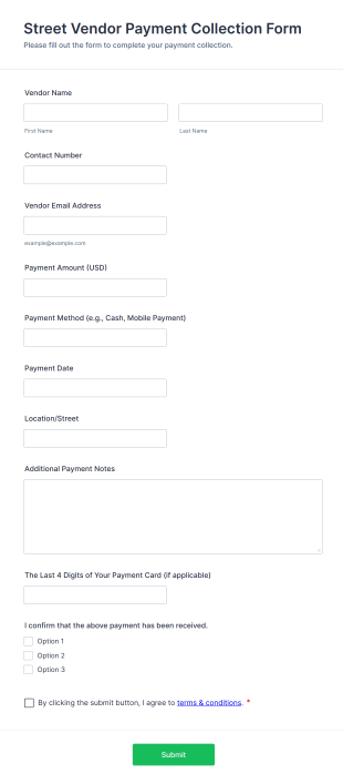 Street Vendor Payment Collection Form Template