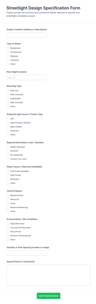 Streetlight Design Specification Form Template