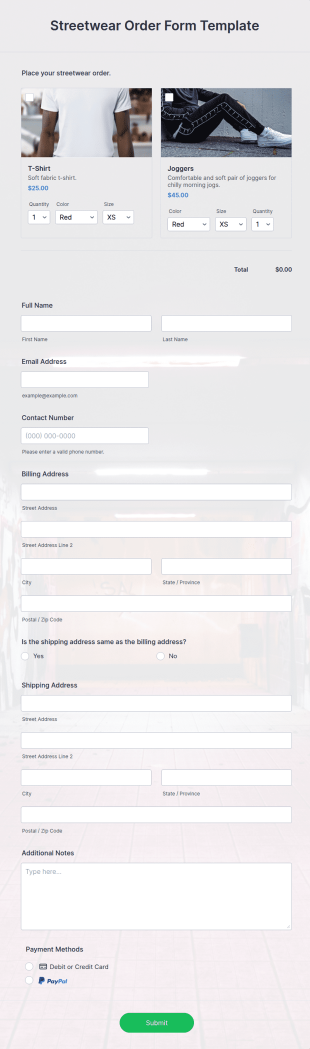 Streetwear Order Form Template