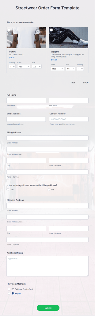Streetwear Order Form Template