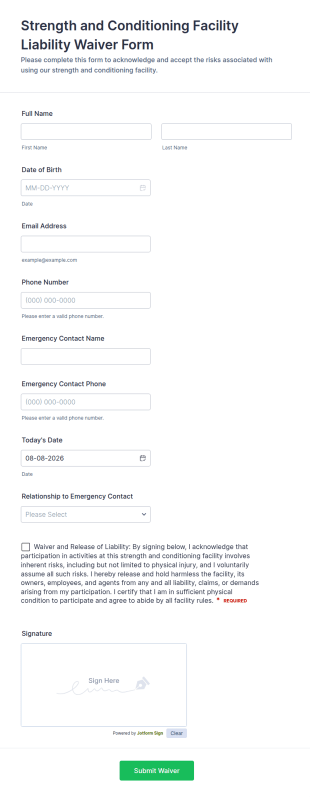 Strength And Conditioning Facility Liability Waiver Form Template
