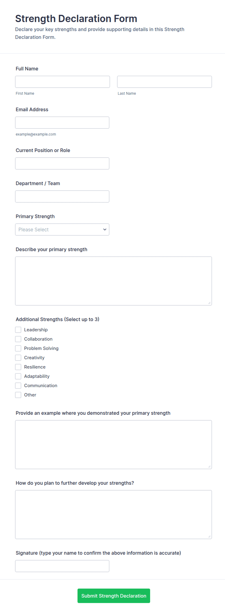 Booking Declaration Form Strength Declaration Form Template | Jotform