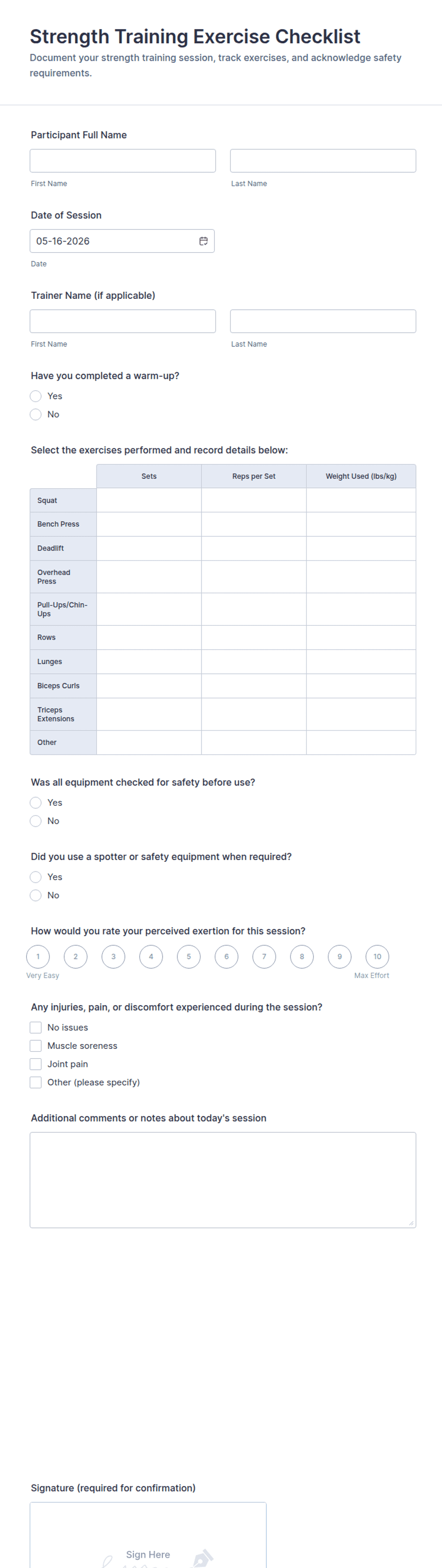 Sample Training Matrix Pdf Strength Training Exercise Checklist Form Template | Jotform