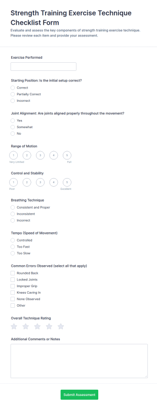 Strength Training Exercise Technique Checklist Form Template
