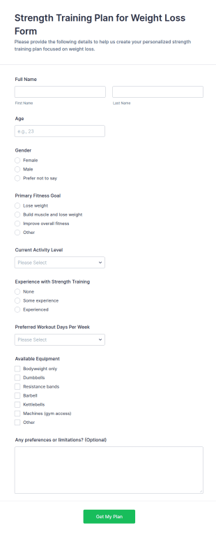 Strength Training Plan For Weight Loss Form Template