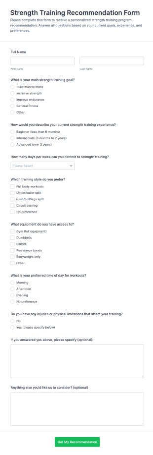 Strength Training Recommendation Form Template