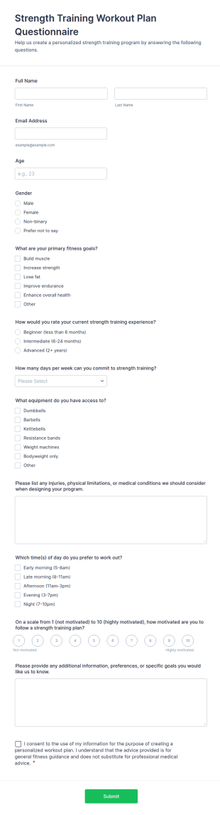 Strength Training Workout Plan Questionnaire Form Template