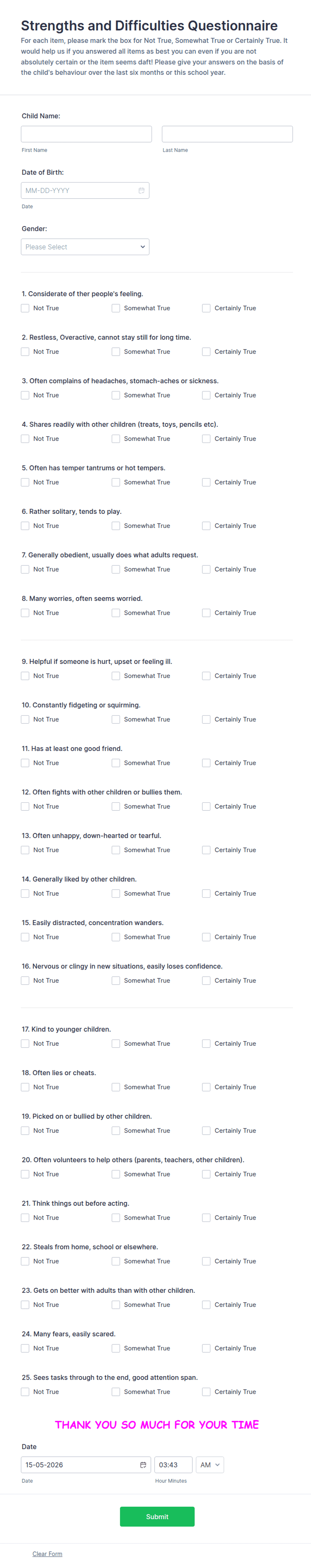 Strengths and Difficulties Questionnaire Form Template | Jotform