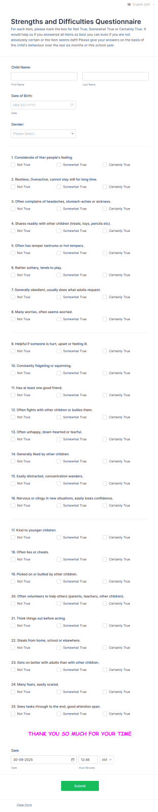 Strengths And Difficulties Questionnaire Form Template