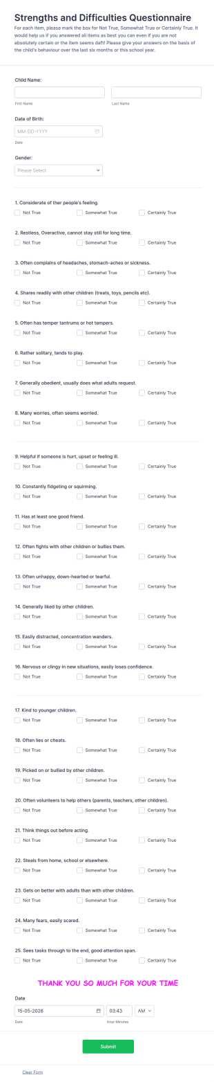 Strengths And Difficulties Questionnaire Form Template