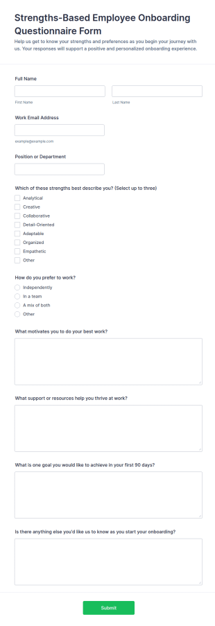Strengths Based Employee Onboarding Questionnaire Form Template