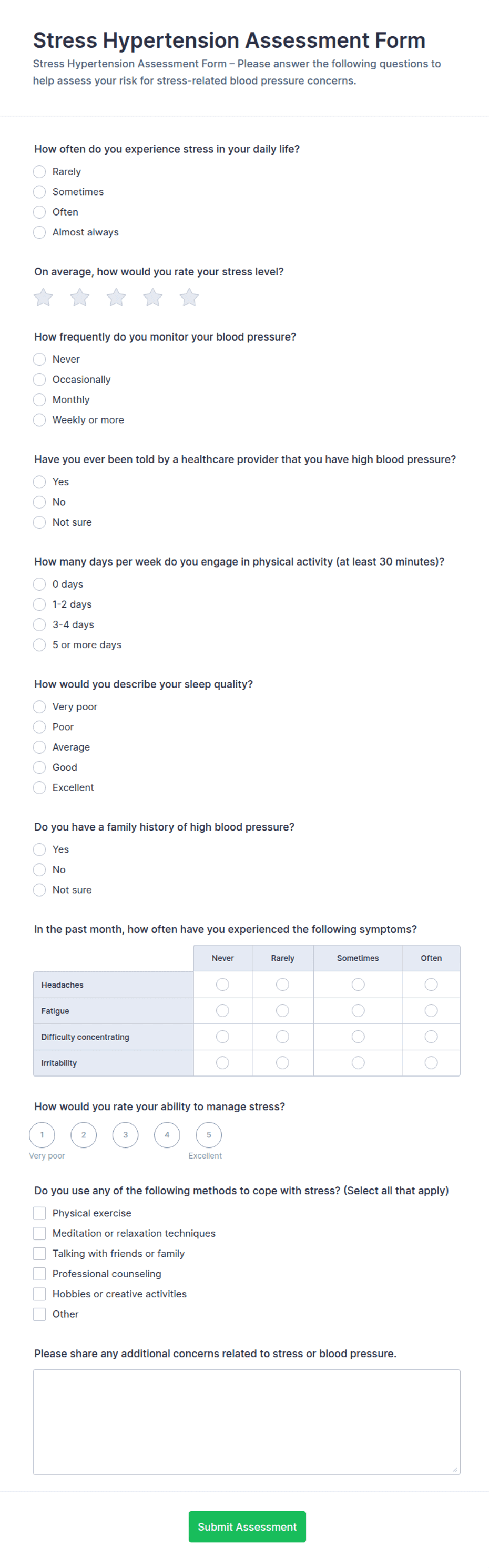 Stress Hypertension Assessment Form Template | Jotform