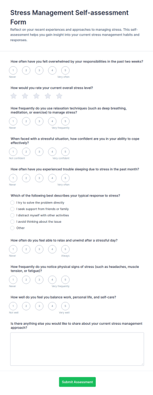 Stress Management Self Assessment Form Template