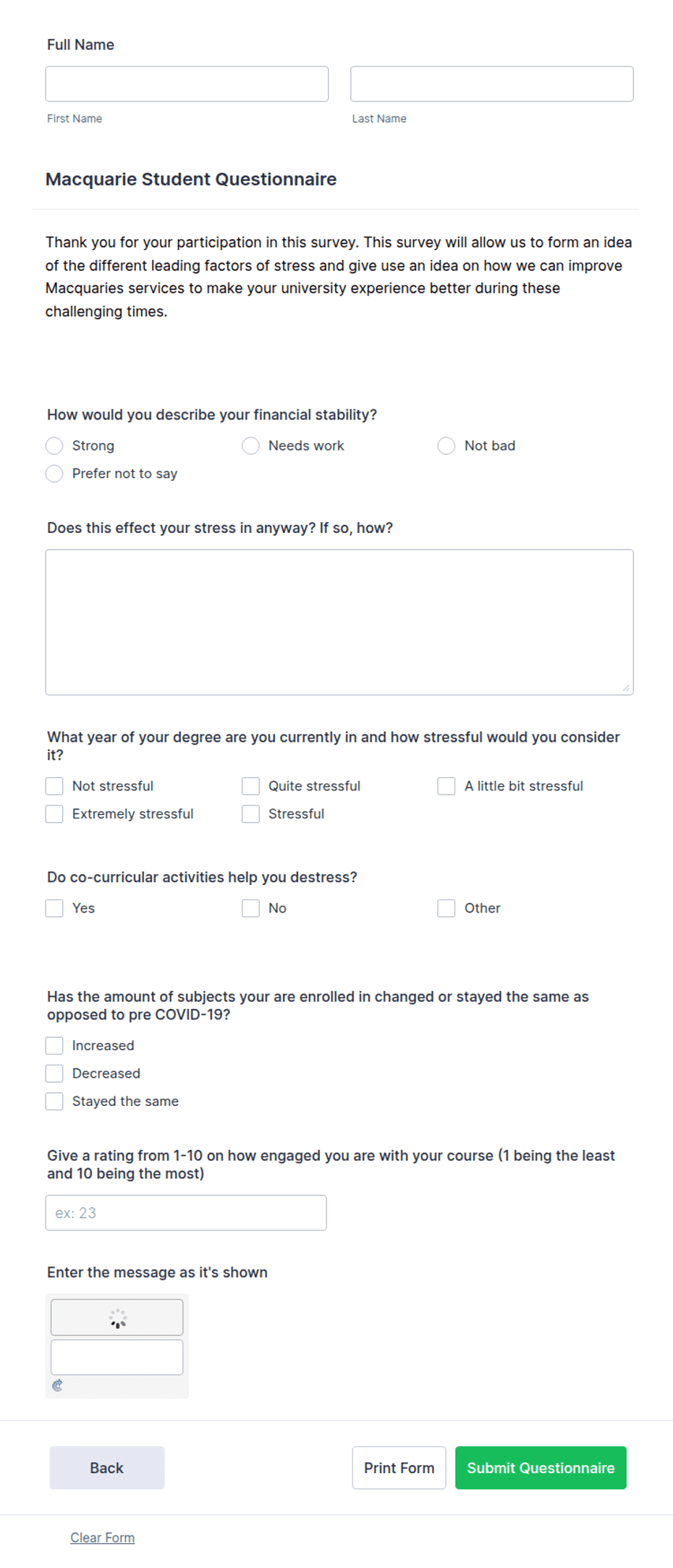 Essa Questionnaire.pdf Student Stress Questionnaire Form Template | Jotform