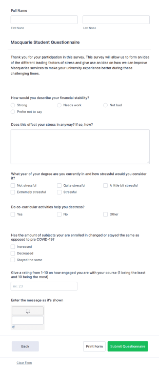 Student Stress Questionnaire Form Template