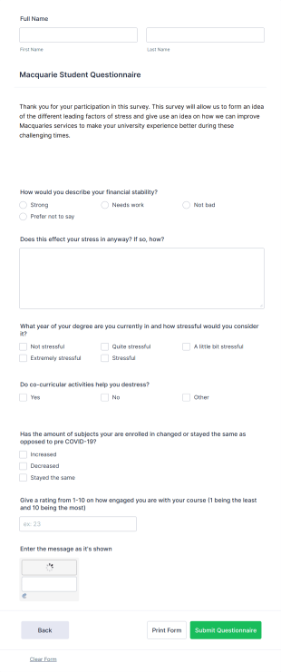 Student Stress Questionnaire Form Template