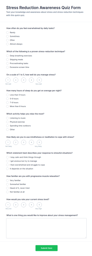 Stress Reduction Awareness Quiz Form Template
