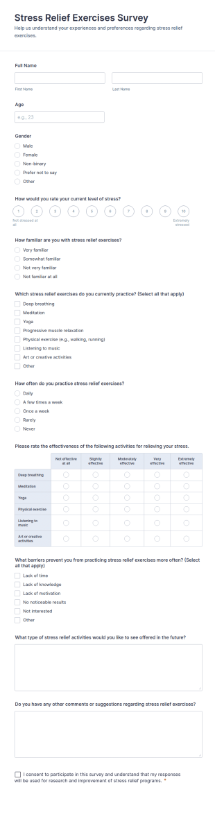 Stress Relief Exercises Survey Form Template