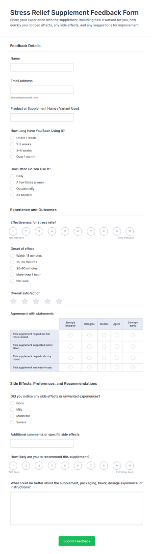 Stress Relief Supplement Feedback Form Template