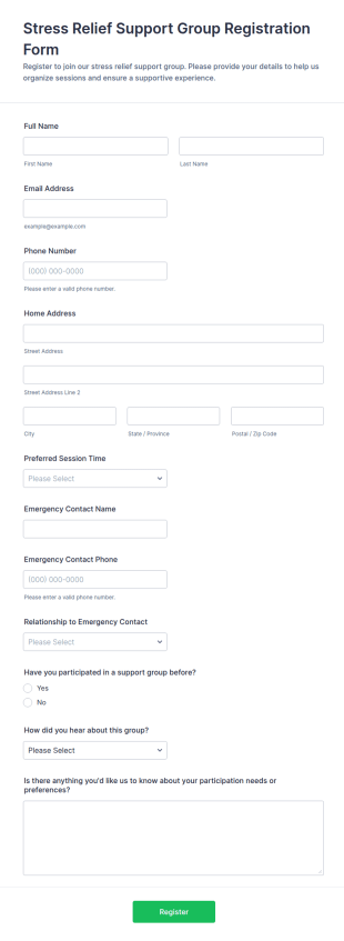 Stress Relief Support Group Registration Form Template