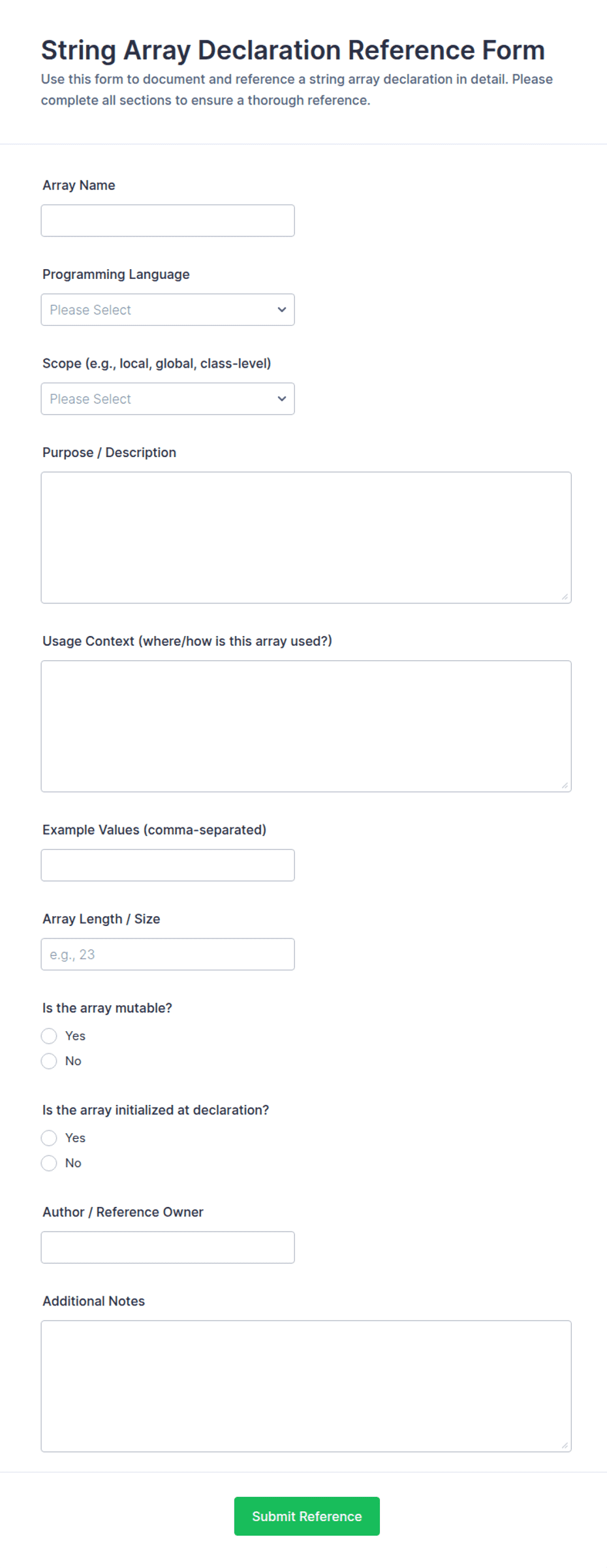 String Array Declaration Reference Form Template | Jotform