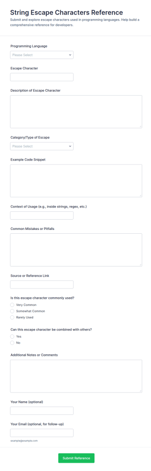 String Escape Characters Reference Form Template