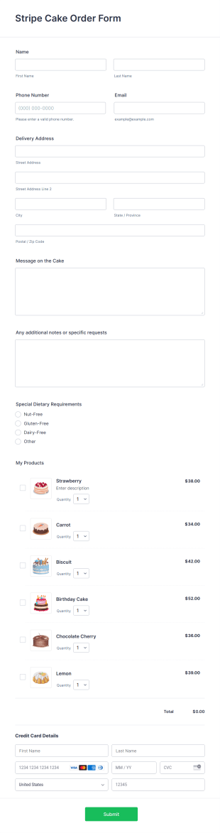 Stripe Cake Order Form Template