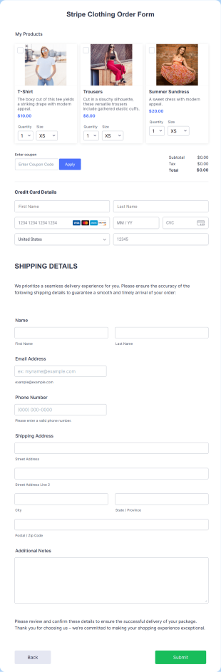 Stripe Clothing Order Form Template