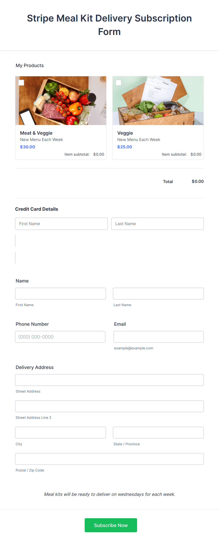 Stripe Meal Kit Delivery Subscription Form Template | Jotform