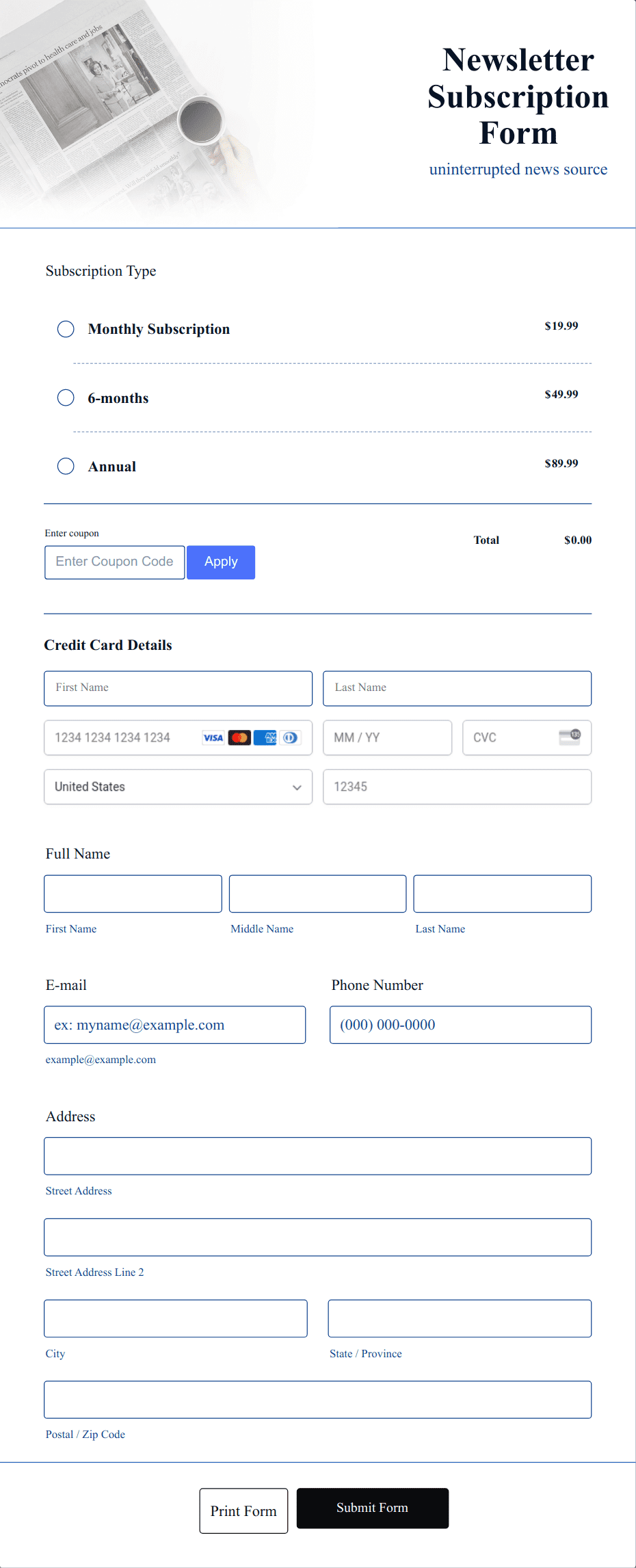 Stripe Newsletter Subscription Form Template | Jotform