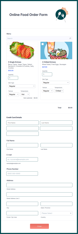 Stripe Online Food Order Form Template