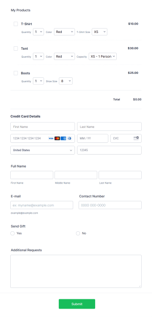 Stripe Product Order Form Template