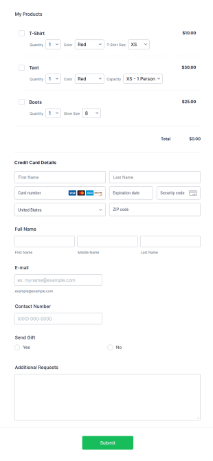 Stripe Product Order Form Template